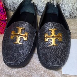 Tory Burch Black Leather Loafers with Gold Logo
